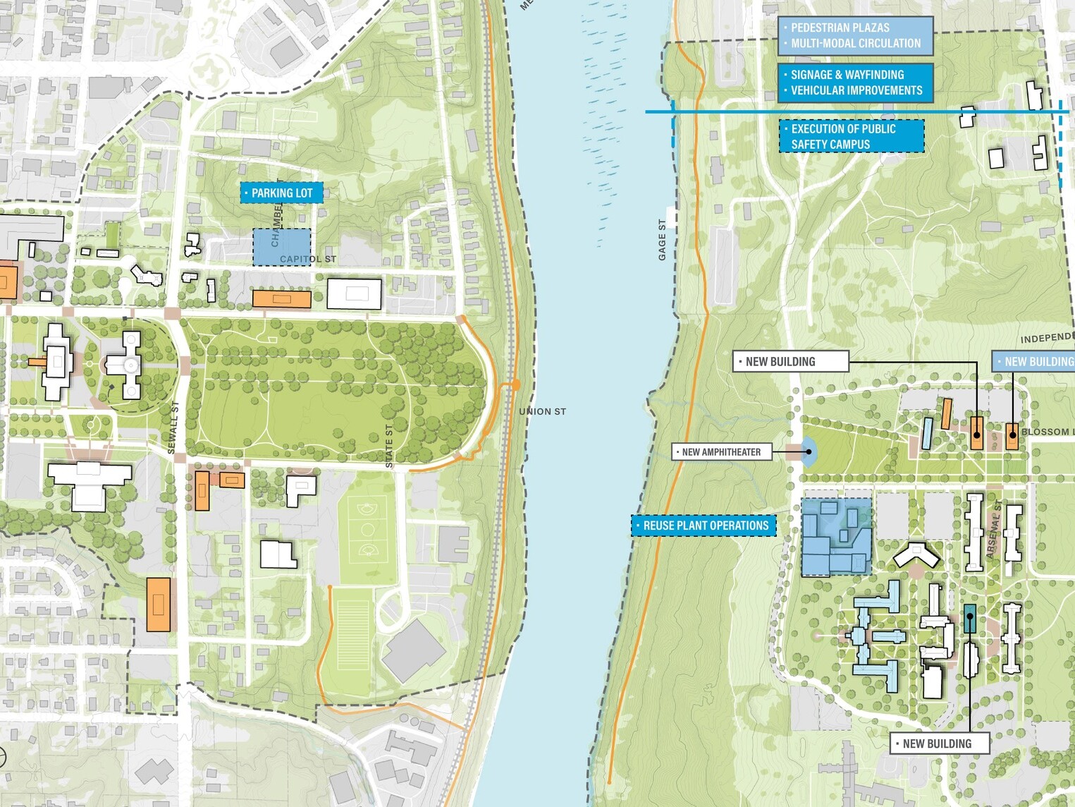 design concept depicting aerial view of renovated and new buildings, parking lots, facility master plan