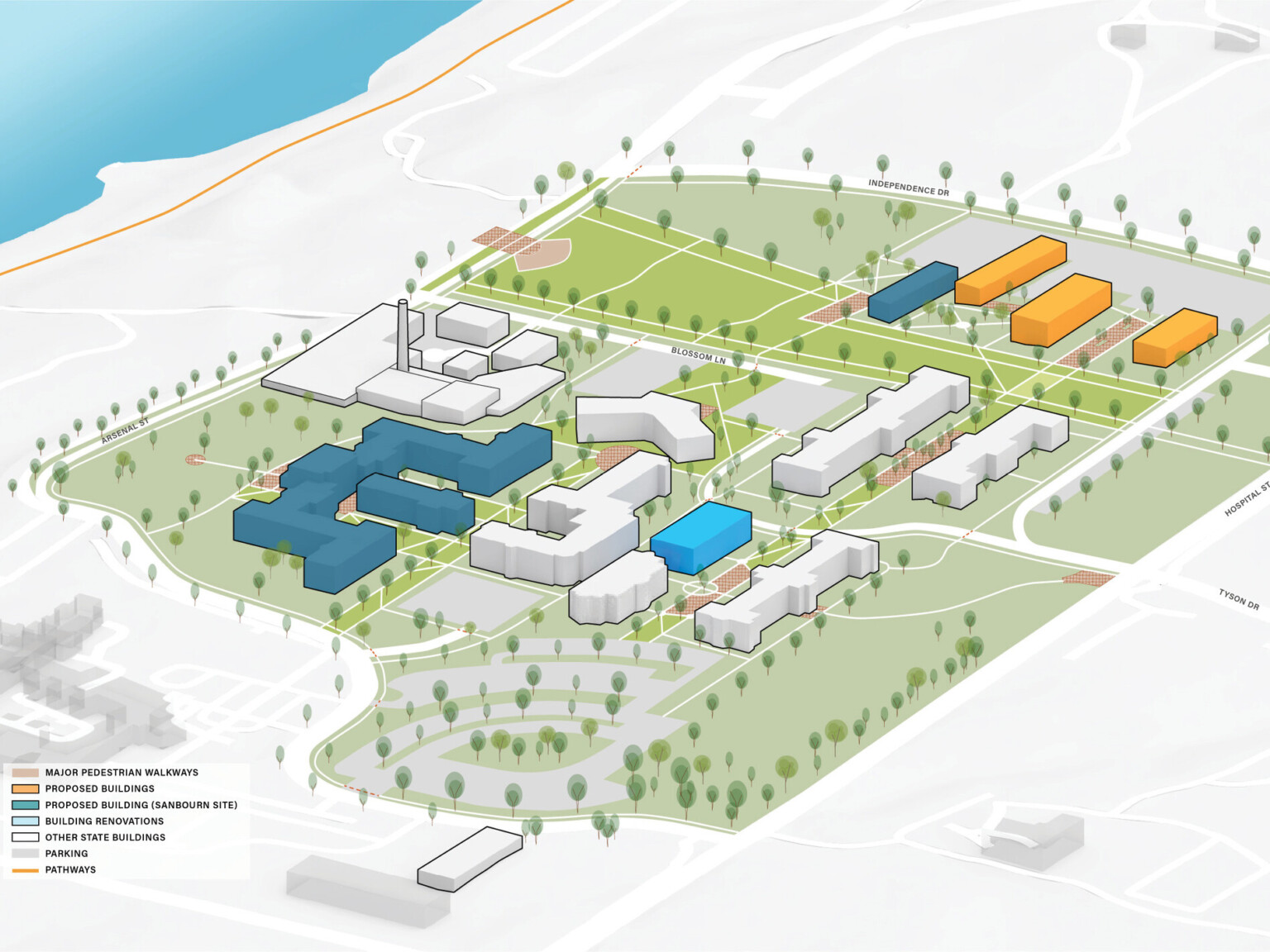 design concept depicting aerial view of renovated and new buildings, parking lots, facility master plan