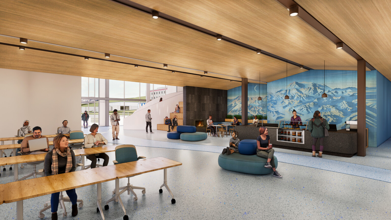 Architectural rendering of a common hang out space at a higher education facility
