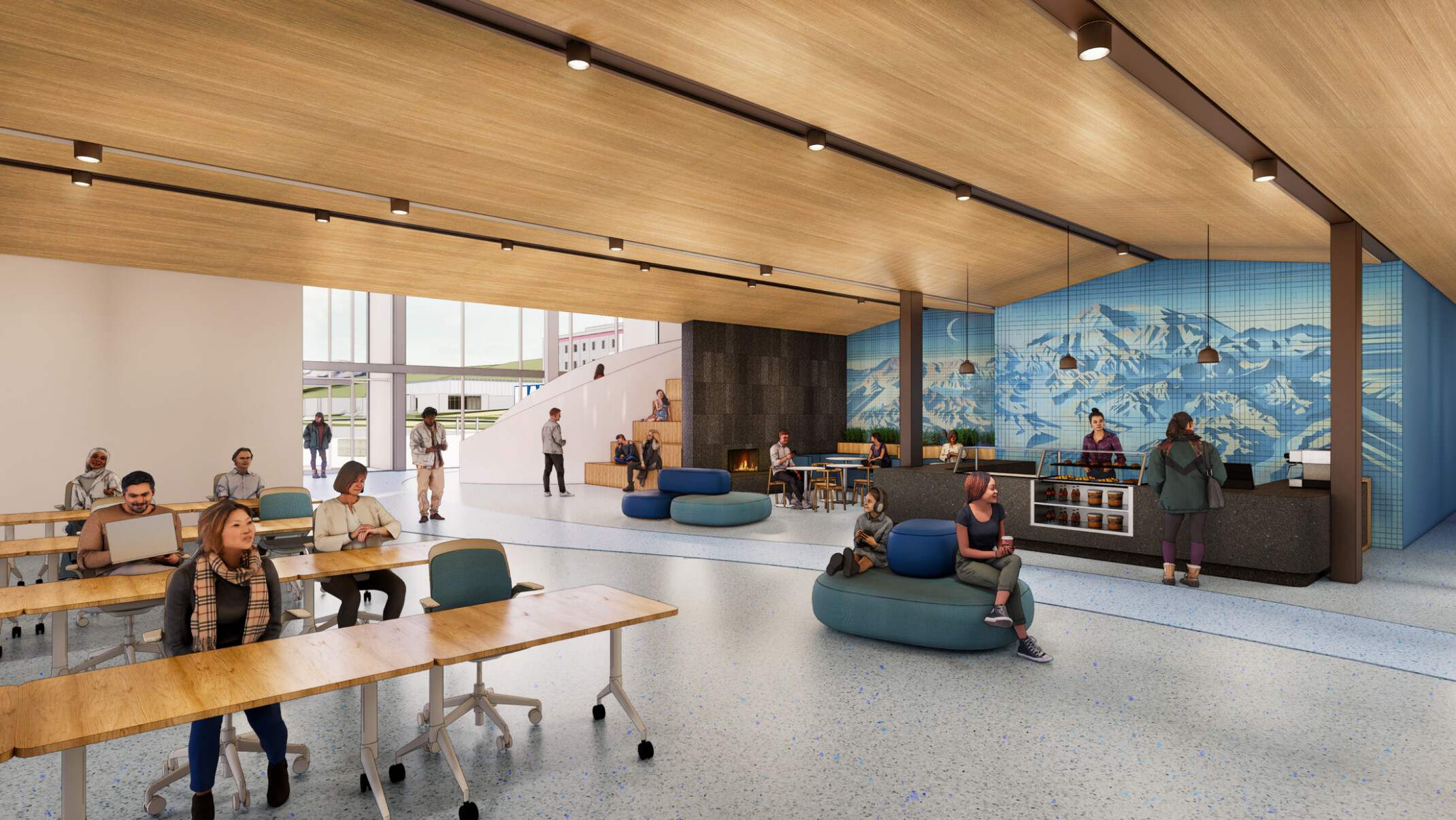 Architectural rendering of a common hang out space at a higher education facility