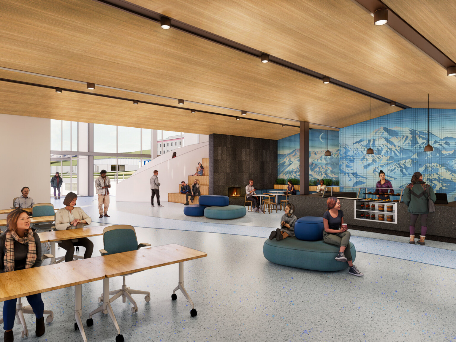 Architectural rendering of a common hang out space at a higher education facility