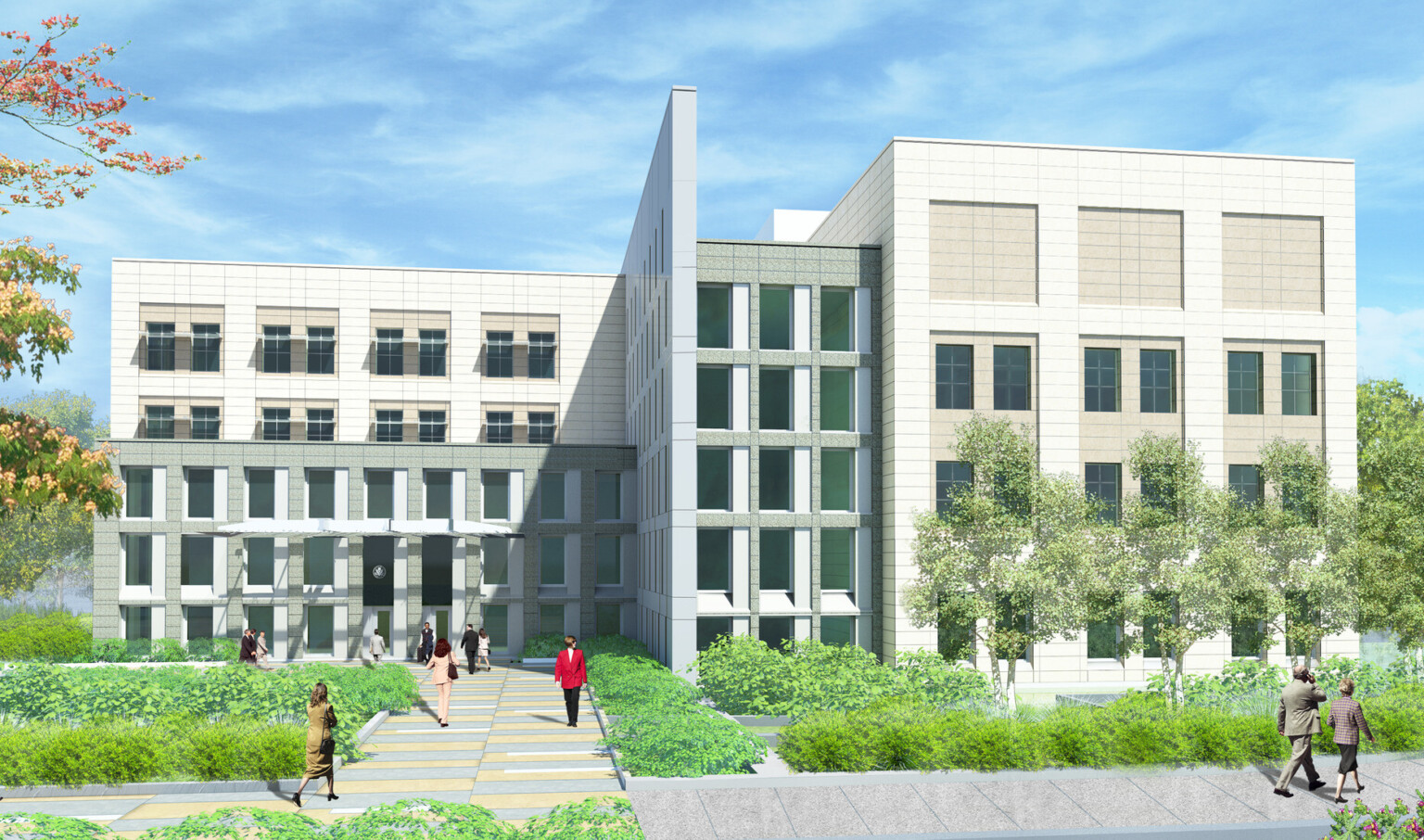 Drawing of five-story commercial building with gray and beige stone and contrasted window frames, landscaped walking paths