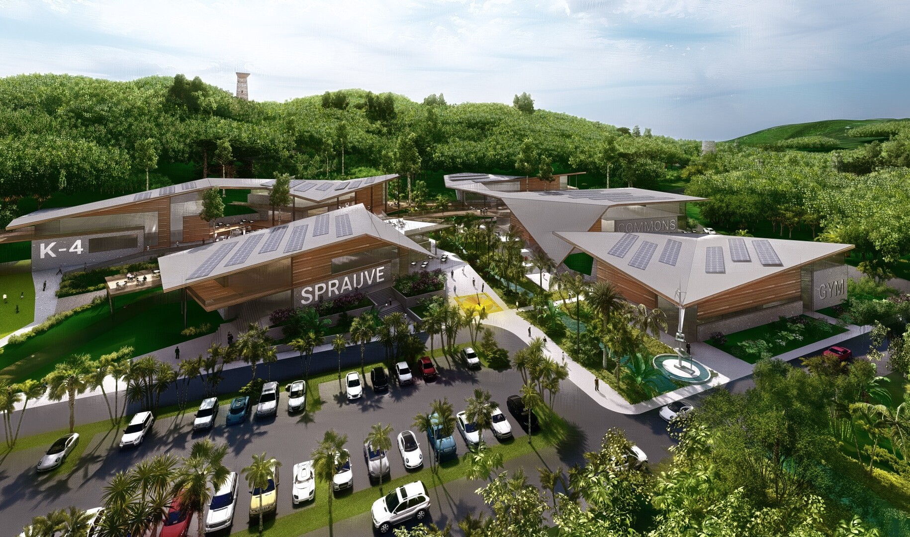 Aerial view of U.S. Virgin Islands Department of Education campus plan, illuminated Sprauve sign on front left building