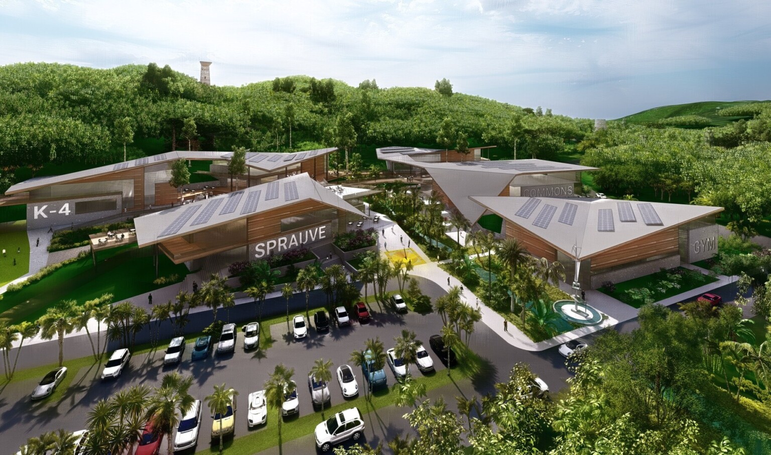 Aerial view of U.S. Virgin Islands Department of Education campus plan, illuminated Sprauve sign on front left building