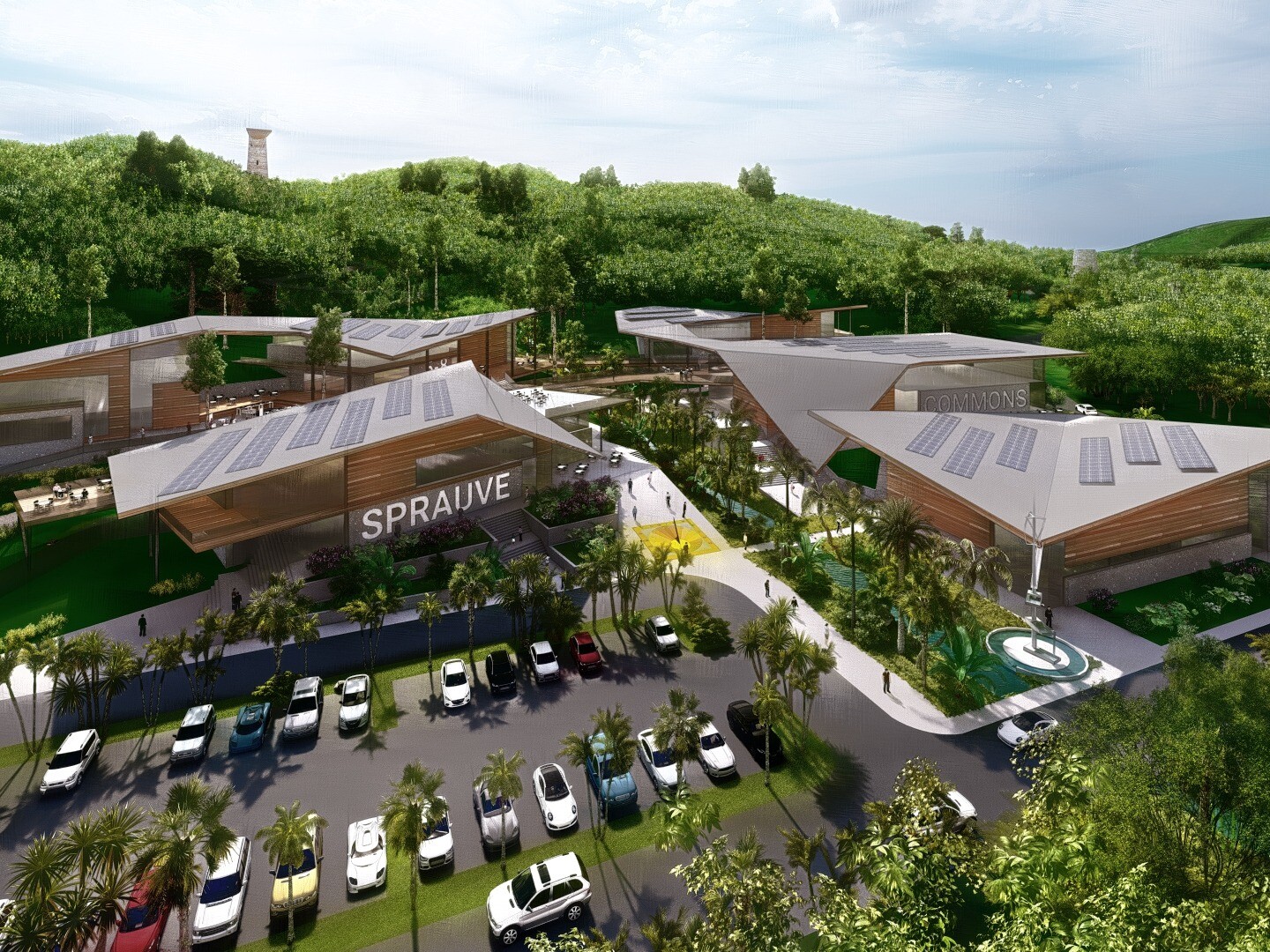 Aerial view of U.S. Virgin Islands Department of Education campus plan, illuminated Sprauve sign on front left building