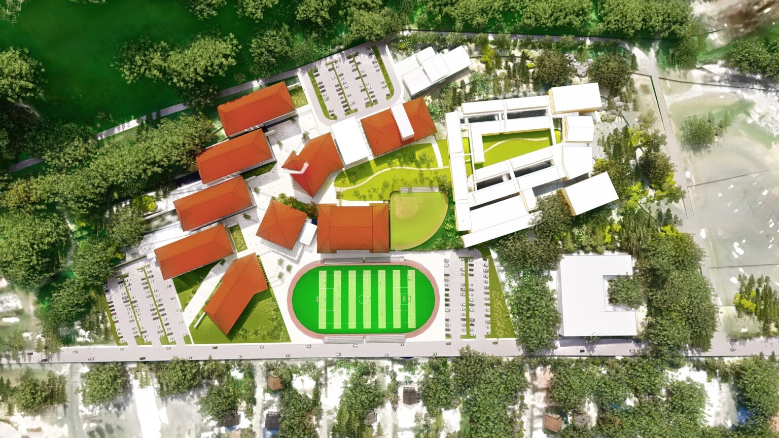 Areial view of a new campus in the U.S. Virgin Islands, based off the bridging documents and kit of parts design.