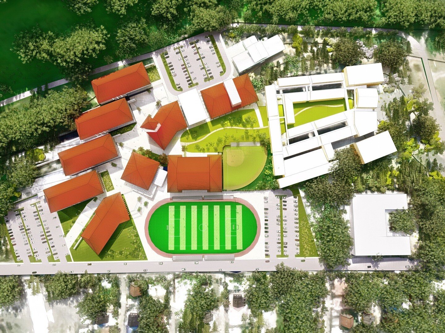 Areial view of a new campus in the U.S. Virgin Islands, based off the bridging documents and kit of parts design.
