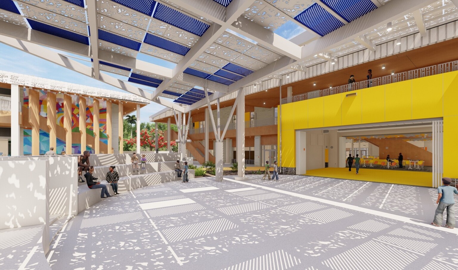 White stepped seating in courtyard surrounded by 2 story wood accented buildings. Blue and white perforated sunscreen above