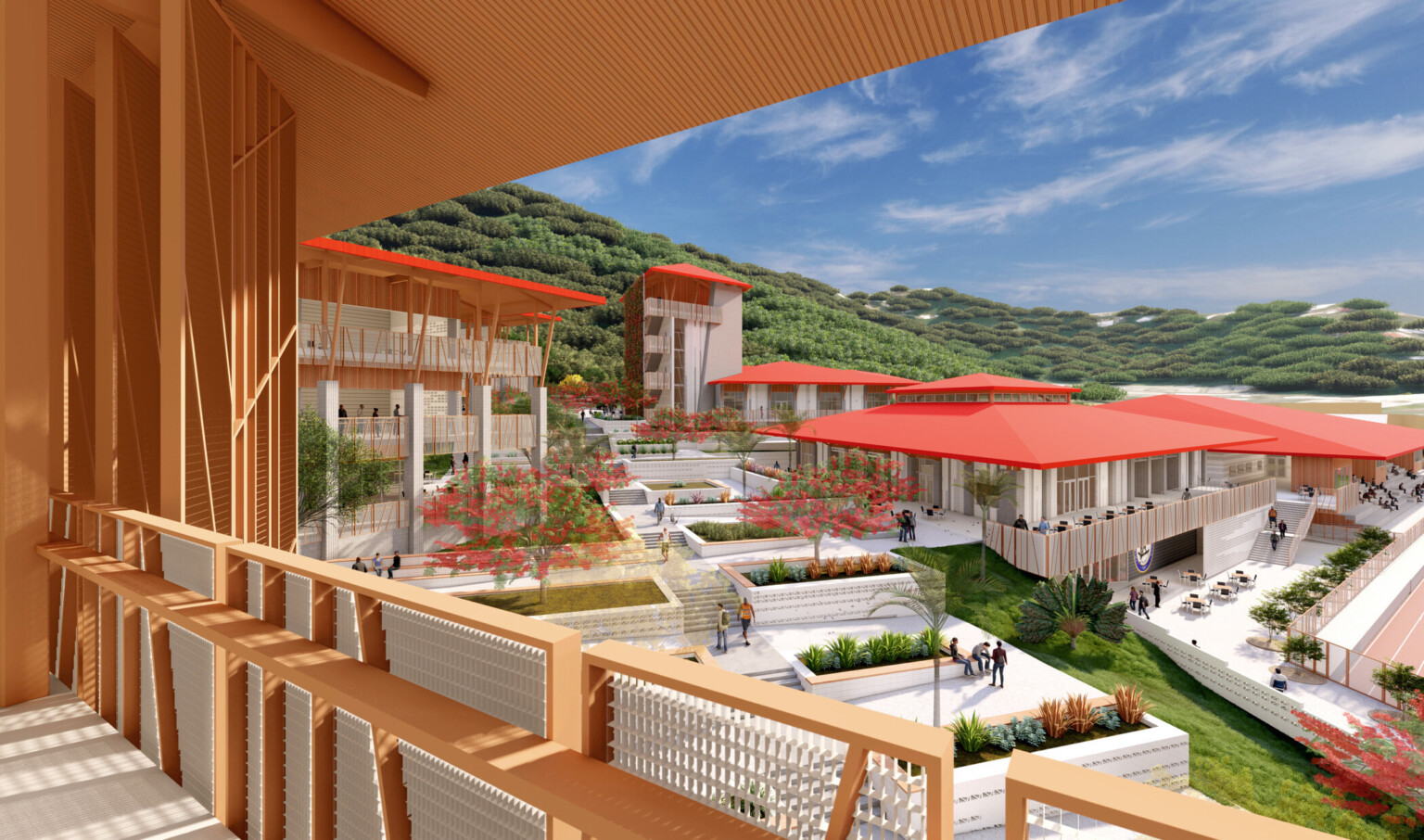 Balcony overlooking walkway in courtyard. Stone steps and planters surrounded by buildings with red overhanging canopies