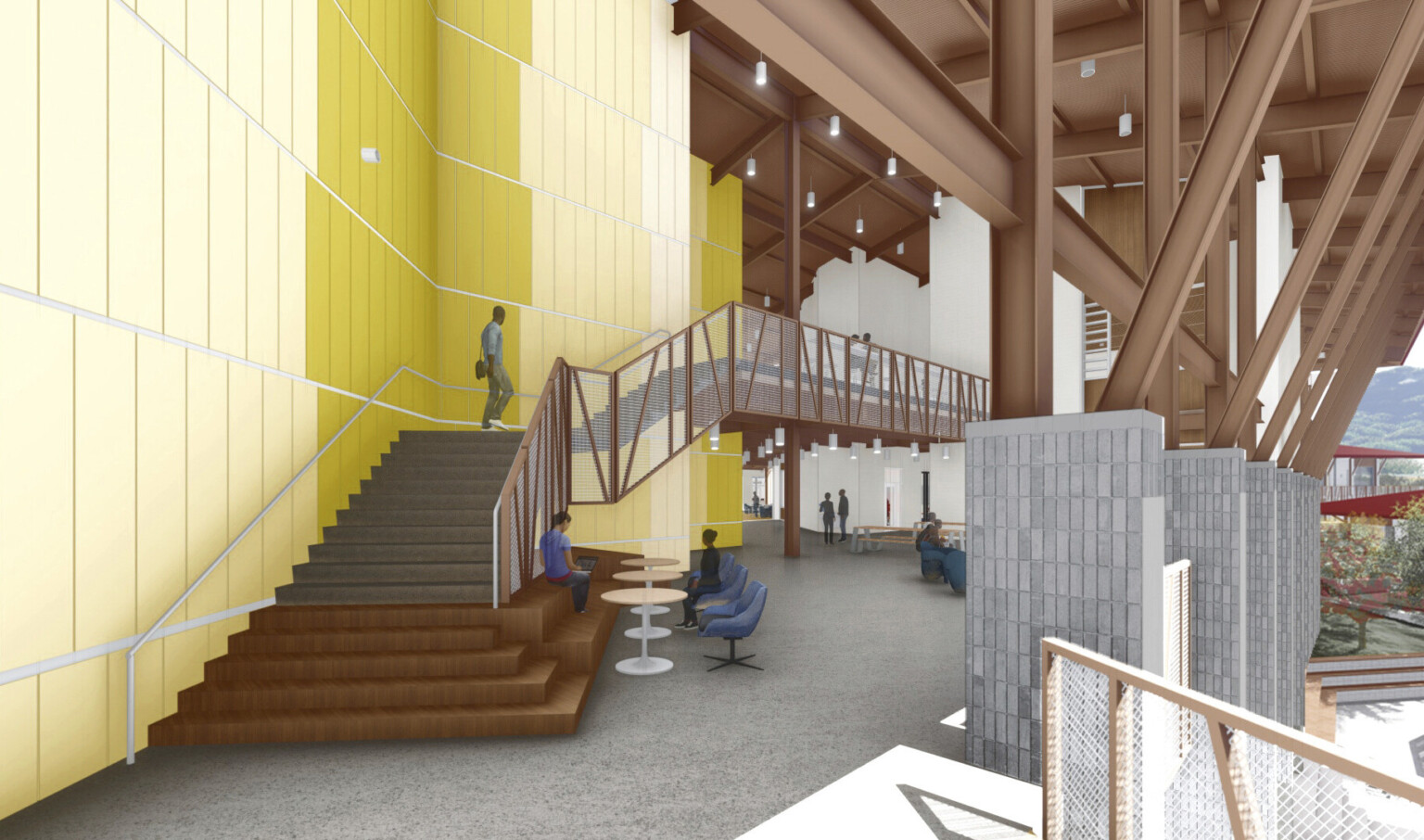 Stepped bench seating along stairs on large covered balcony. Exposed beams on wood canopy. Yellow tiled accent wall, left