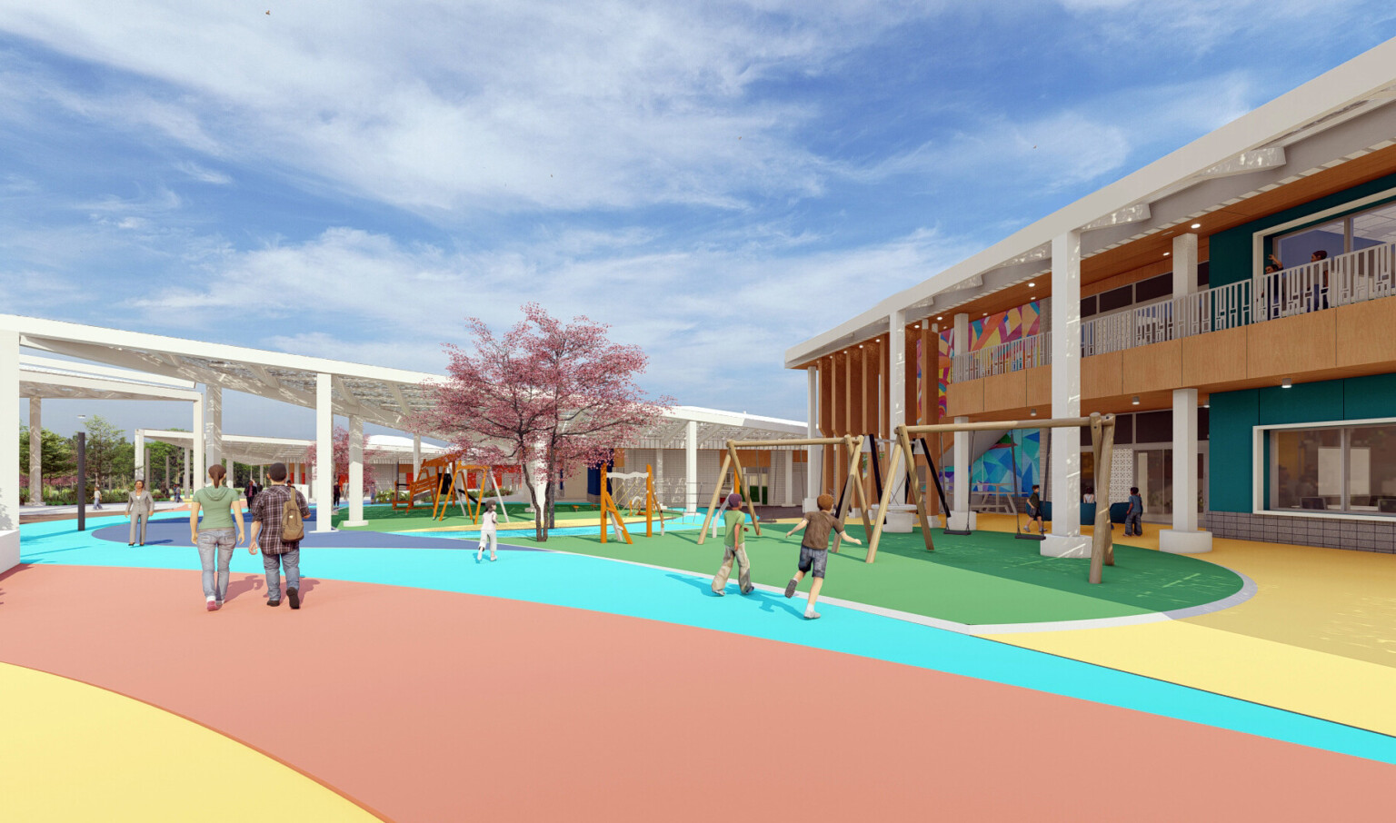 Multicolor stripes on path with swings to right in front of 2 story building with balcony and white columns. Sunscreen left Multicolor stripes on path with swings to right in front of 2 story building with balcony and white columns. Sunscreen left