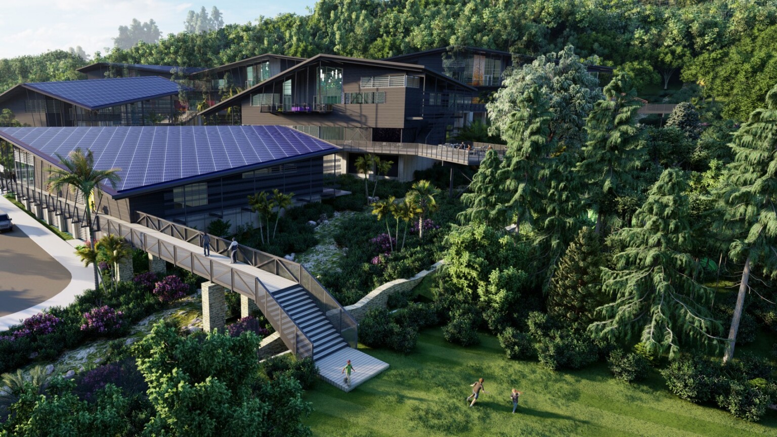 Architectural rendering of a building that blends into the forestry around it; dark wood multistory building skywalks and structures in and out of the greenery surrounded; front parking and car area