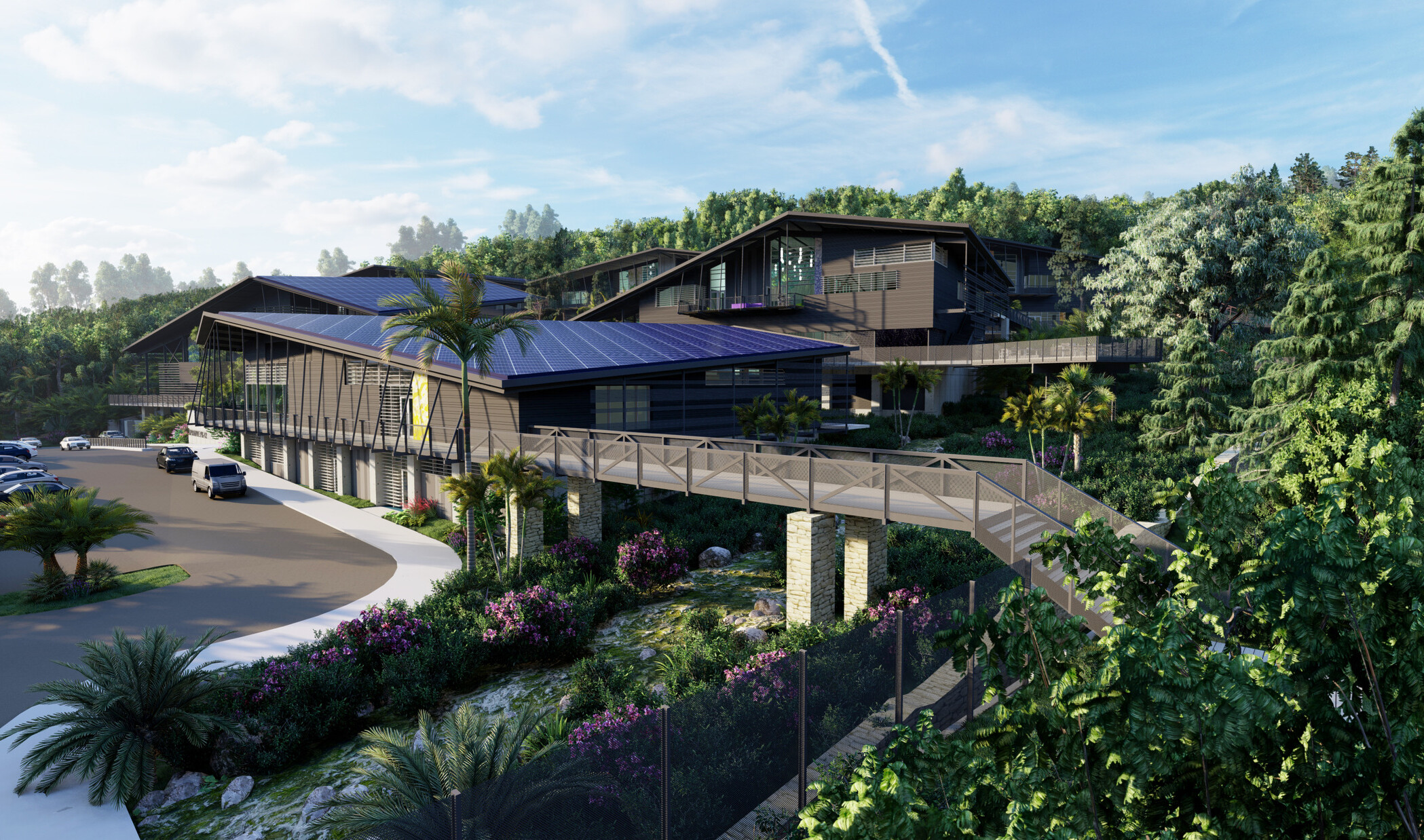 Architectural rendering of a building that blends into the forestry around it; dark wood multistory building skywalks and structures in and out of the greenery surrounded; front parking and car area