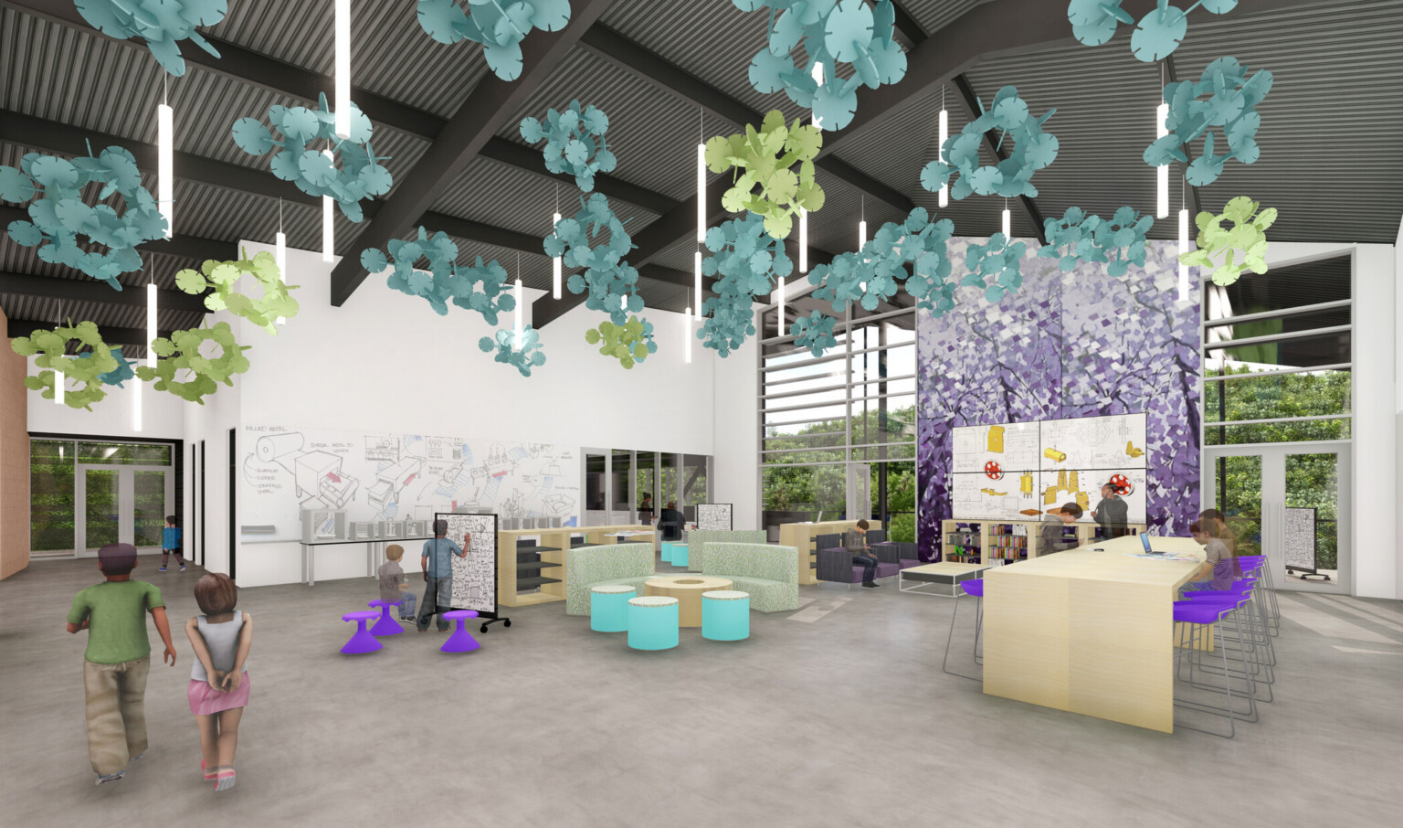 Mixed seating in tall white room floor to ceiling windows. Purple floral mural accent wall with whiteboard, sculptures hang