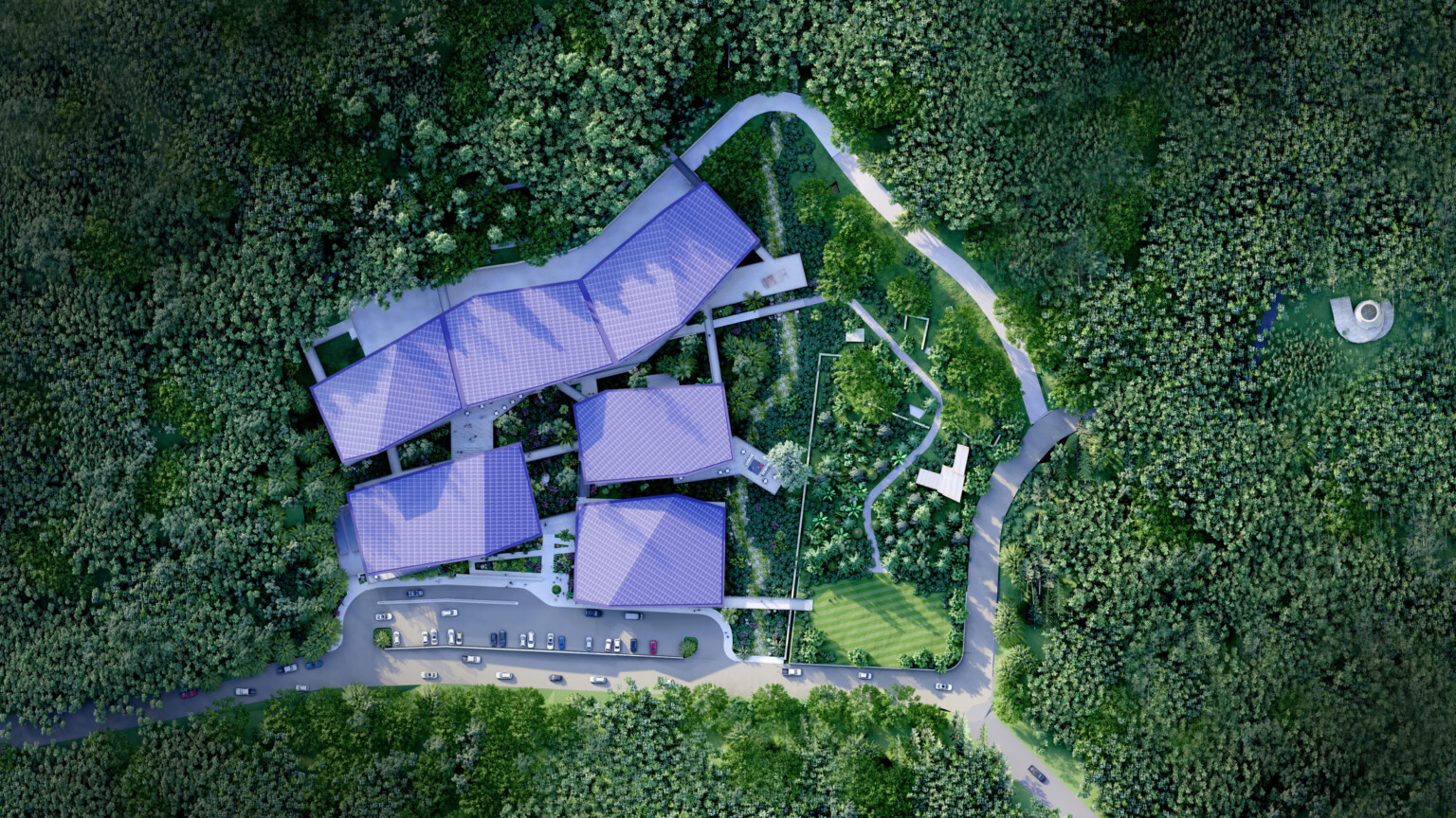 Aerial view of U.S. Virgin Islands Department of Education campus plan, illuminated Sprauve sign on front left building