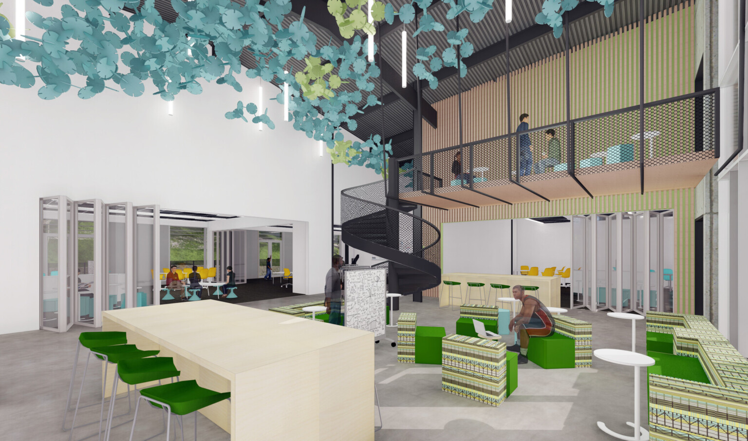 Double height room with black spiral staircase along wood slat accent wall, right. Seating area beneath abstract sculpture