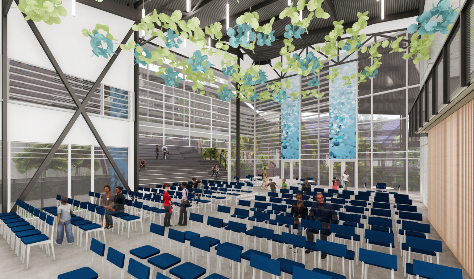 Double height window lined room with seating. Blue and green abstract sculpture hangs above. Garage style door opened, left