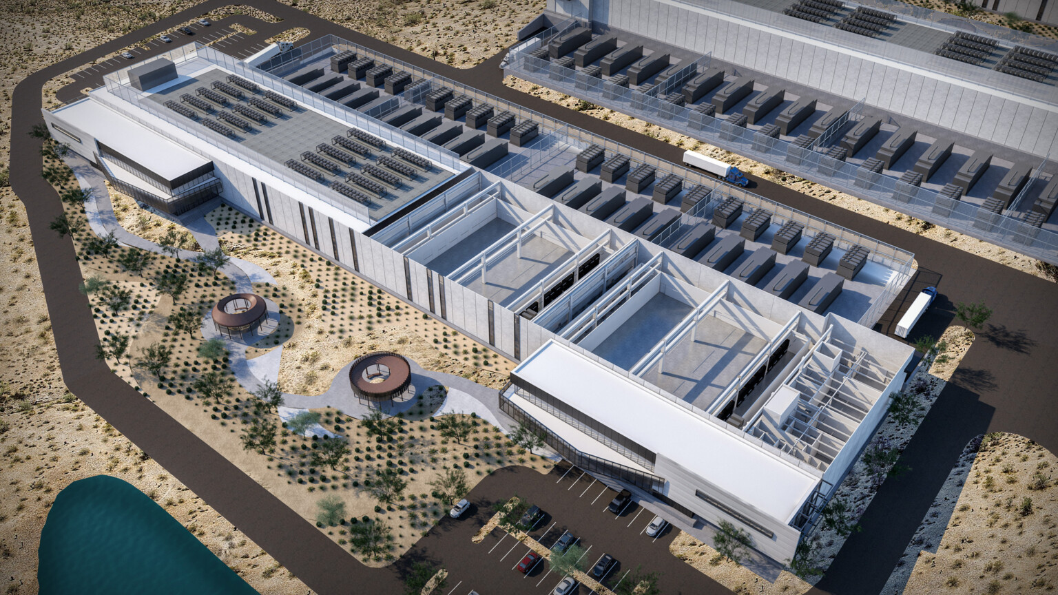 Aerial view of one of three data center buildings, data center design