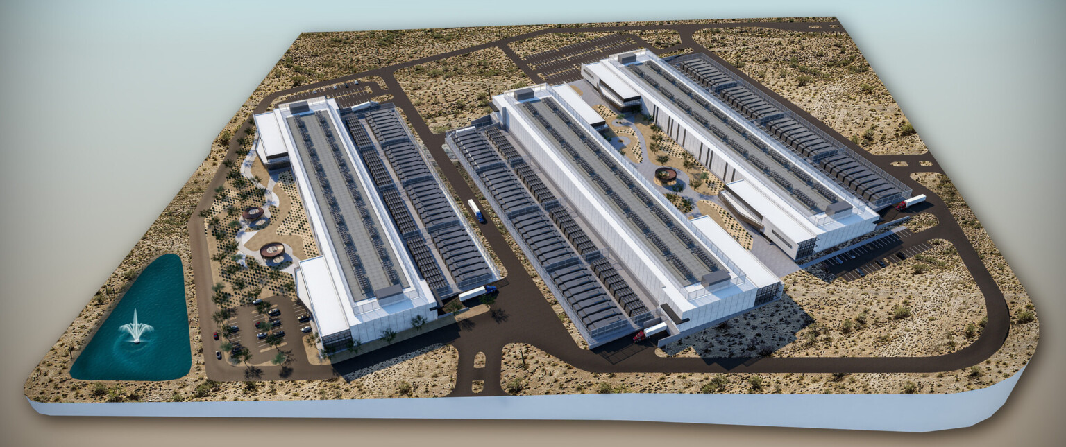 Aerial view of model of all three data centers, succulents and surrounding terrain, data center design