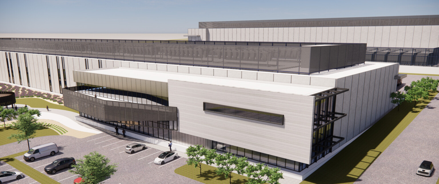 design rendering of exterior view of one data center in the foreground, façade is a prefabricated, concrete palette with linear window cutouts, parking lot, cars, trees and landscaping, data center design