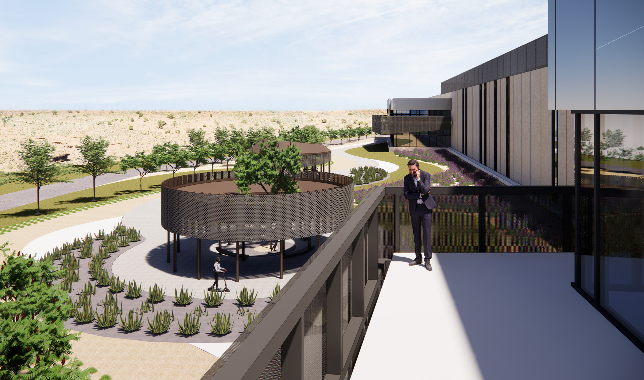 design rendering of man talking on mobile phone on second-floor terrace, tree-lined commons and pathway to entrance, succulents, grass, man on scooter below, surrounding hills, and blue sky