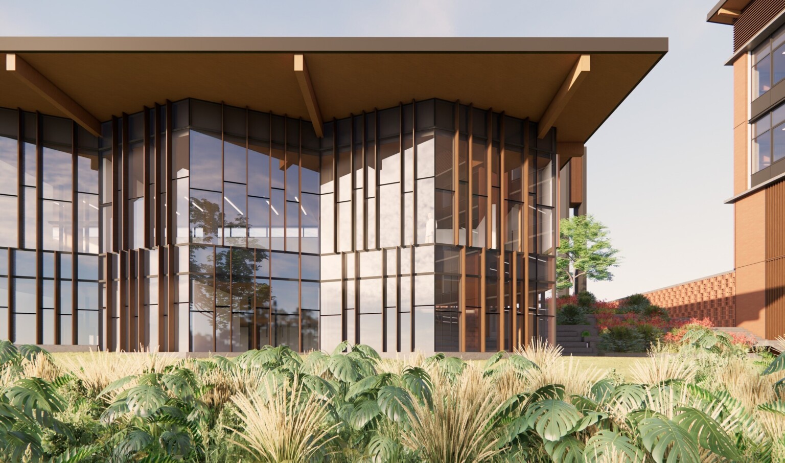 exterior rendering of Kemala Taruna Bhayangkara Boarding School Campus; floor to ceiling windows with angular elements; wooden building frame sits in front of a blue sky