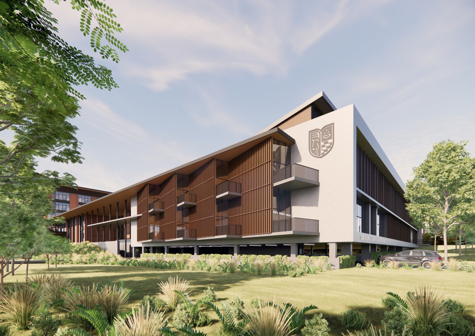 Rendering of Kemala Taruna Bhayangkara Boarding School Campus; modern white and wood building surrounded by nature with a outdoor walkways on each floor and a educational crest engraved on the white building side Rendering of Kemala Taruna Bhayangkara Boarding School Campus; modern white and wood building surrounded by nature with a outdoor walkways on each floor and a educational crest engraved on the white building side