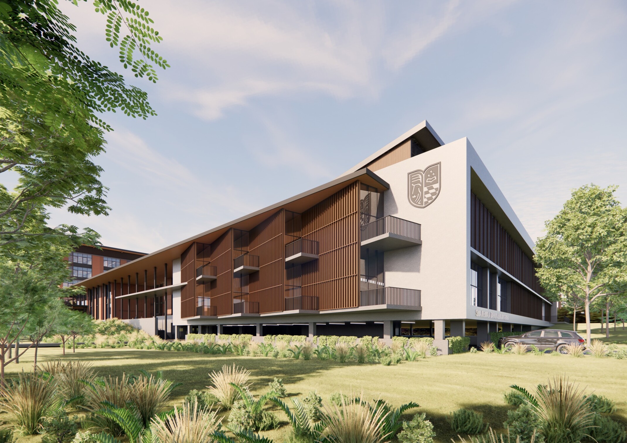 Rendering of Kemala Taruna Bhayangkara Boarding School Campus; modern white and wood building surrounded by nature with a outdoor walkways on each floor and a educational crest engraved on the white building side