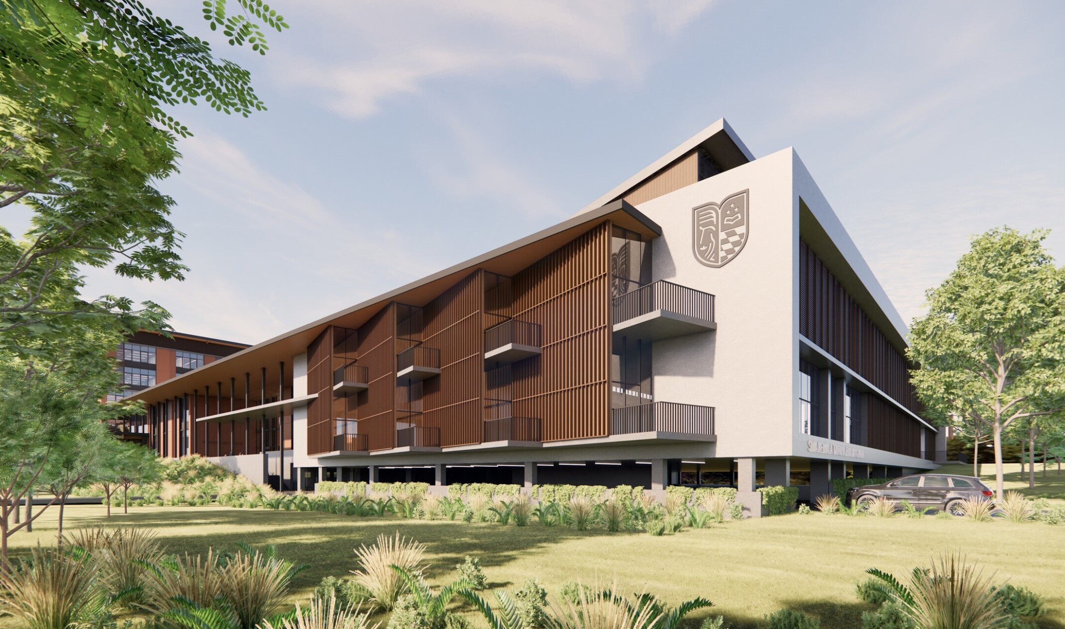 Rendering of Kemala Taruna Bhayangkara Boarding School Campus; modern white and wood building surrounded by nature with a outdoor walkways on each floor and a educational crest engraved on the white building side