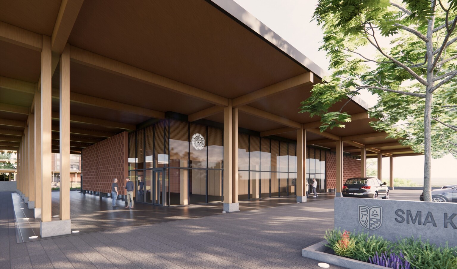 Rendering of an entrance into Kemala Taruna Bhayangkara Boarding School Campus; natural wood frame and awning with floor to ceiling windows; stone sign with school name and crest in front of the entrance