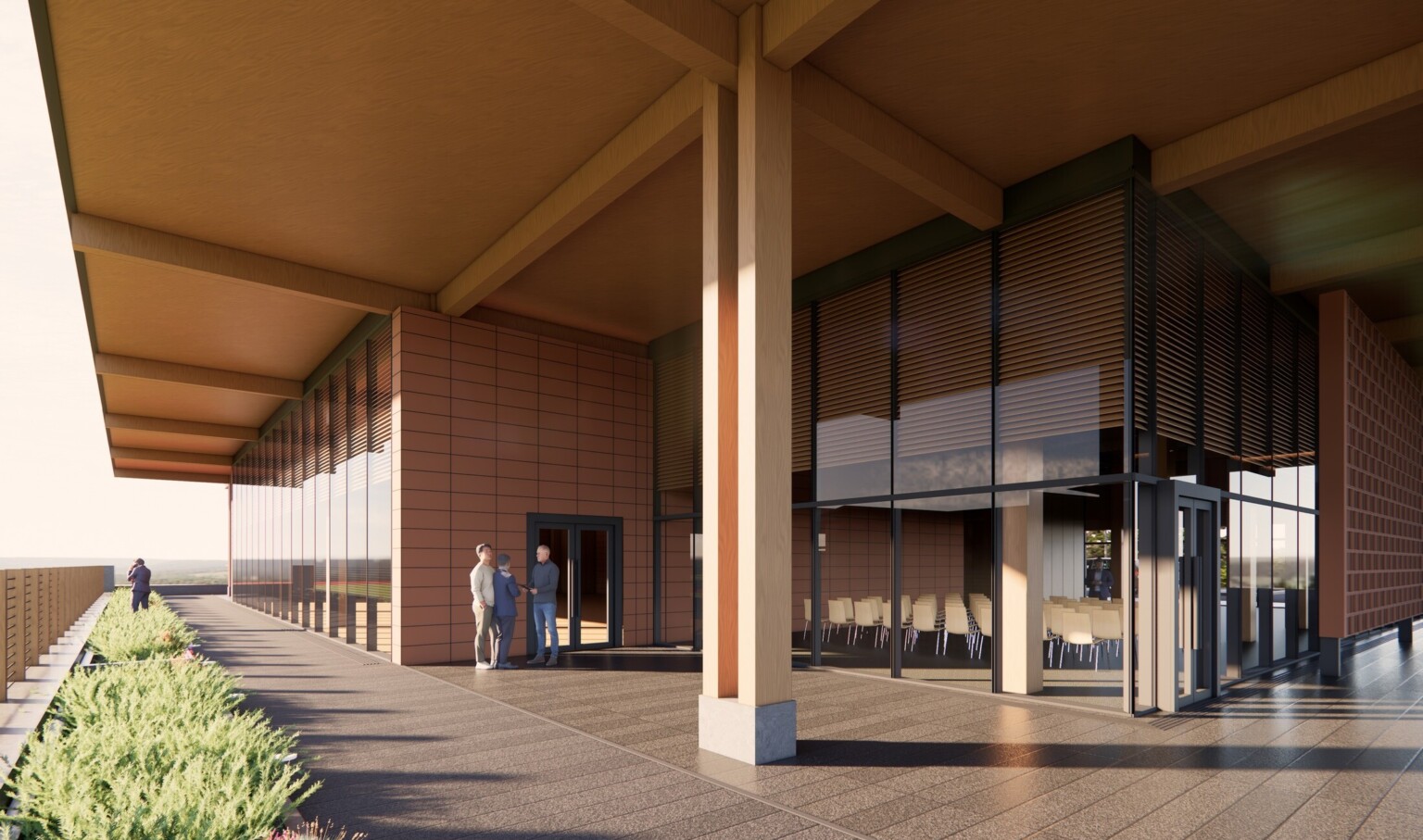 rendering of Kemala Taruna Bhayangkara Boarding School Campus; wood and timber elements offset the stone floor and greenery; large windows for natural light