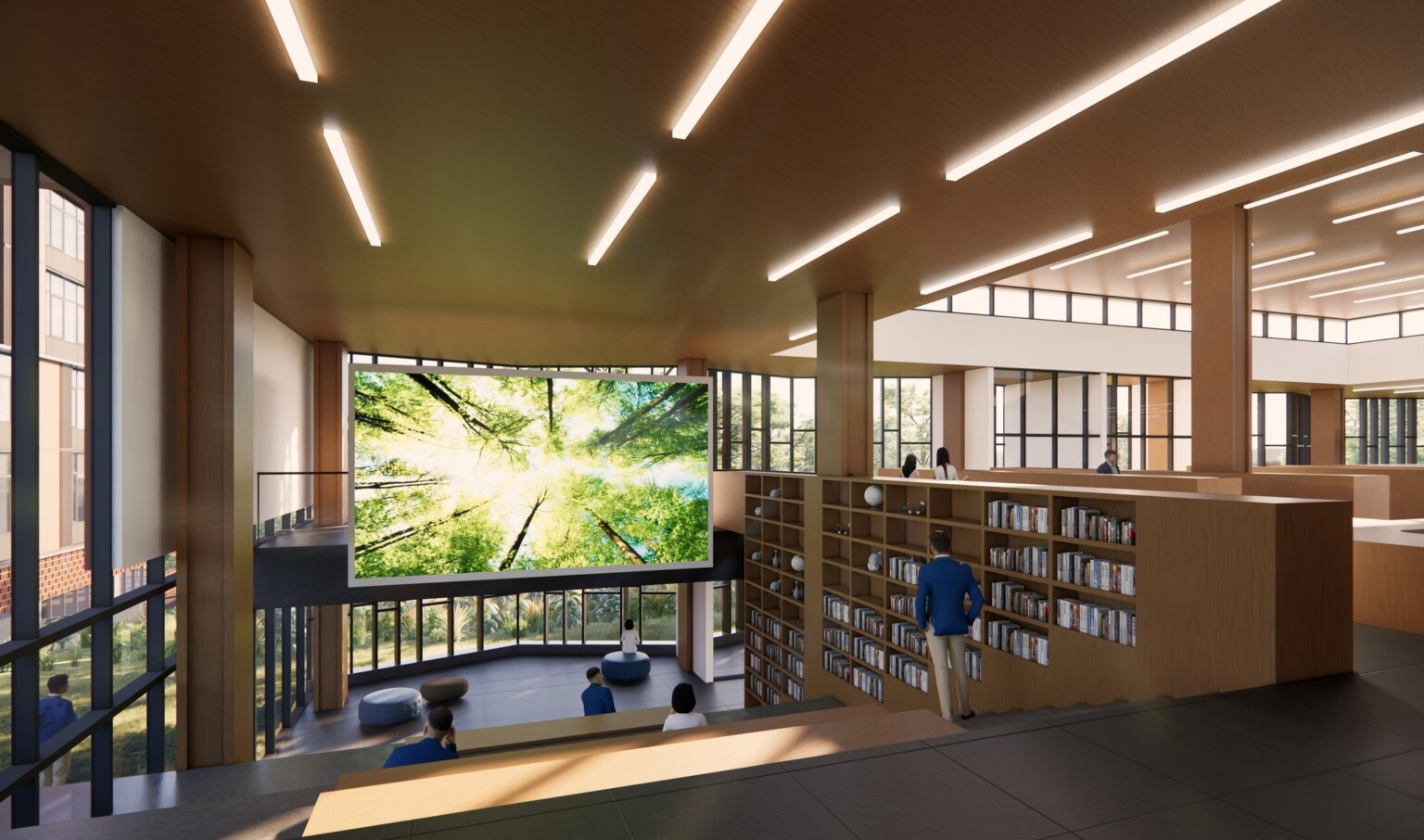 library rendering in the Kemala Taruna Bhayangkara Boarding School Campus; wooden frame holds space for books; seating with lots of natural light entering through the floor to ceiling windows