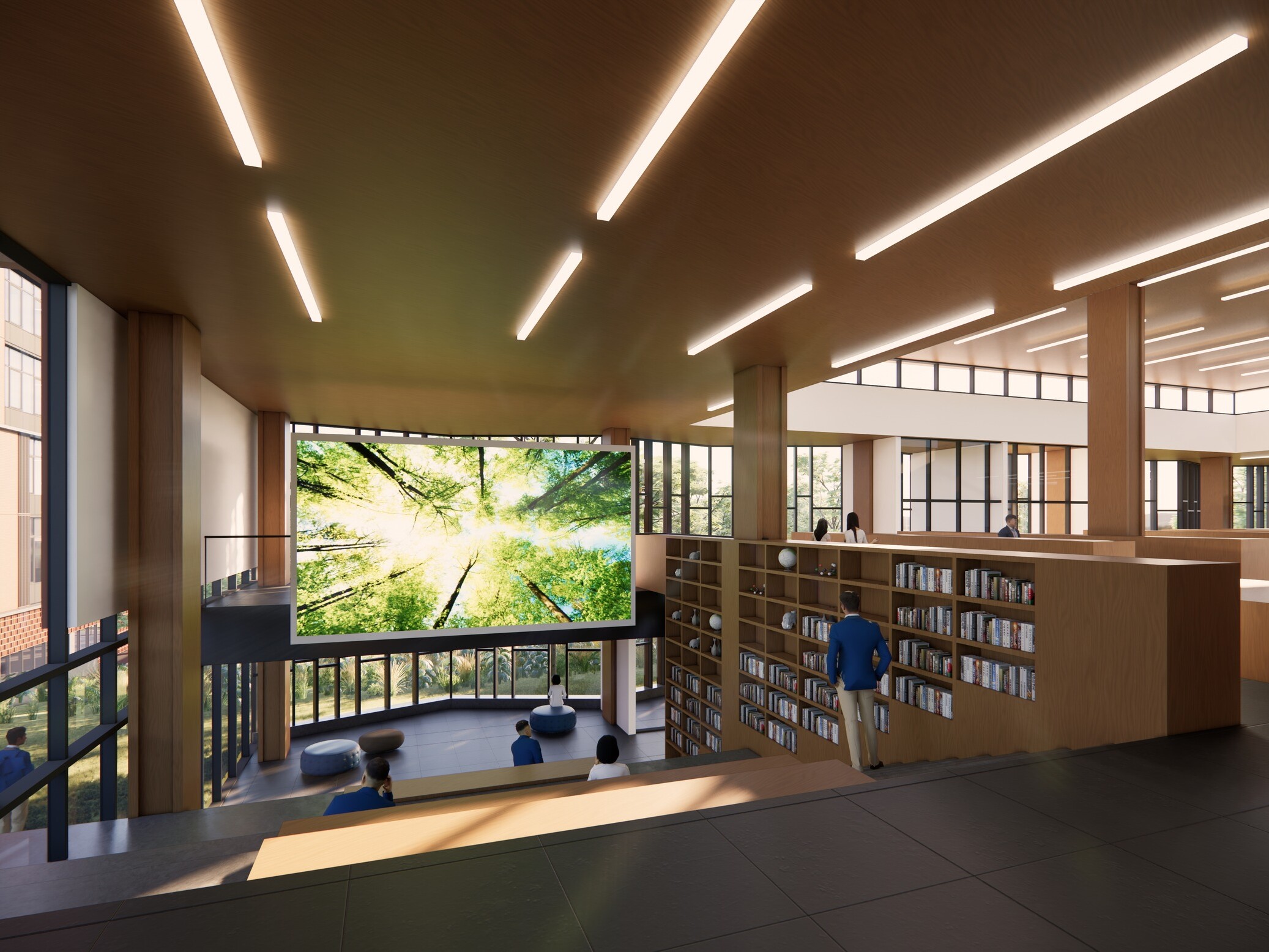 Library with scenic views outside, warm wood tones, learning stair for flexible learning opportunities