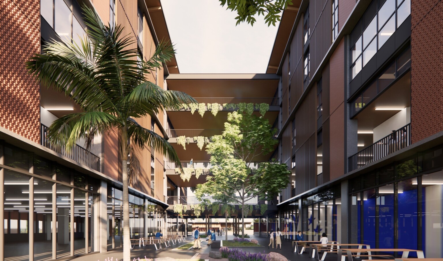 Rendering of the atrium of Kemala Taruna Bhayangkara Boarding School Campus; greenery and seating space throughout; windows to classrooms overlook space Rendering of the atrium of Kemala Taruna Bhayangkara Boarding School Campus; greenery and seating space throughout; windows to classrooms overlook space