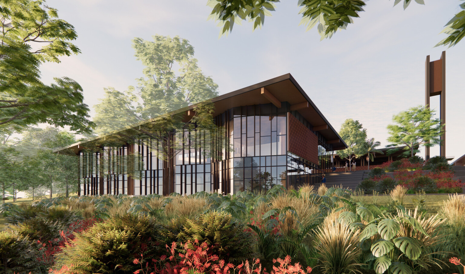 exterior rendering of Kemala Taruna Bhayangkara Boarding School Campus; floor to ceiling windows meet the wood frame of the building surrounded by green and blooming red plants