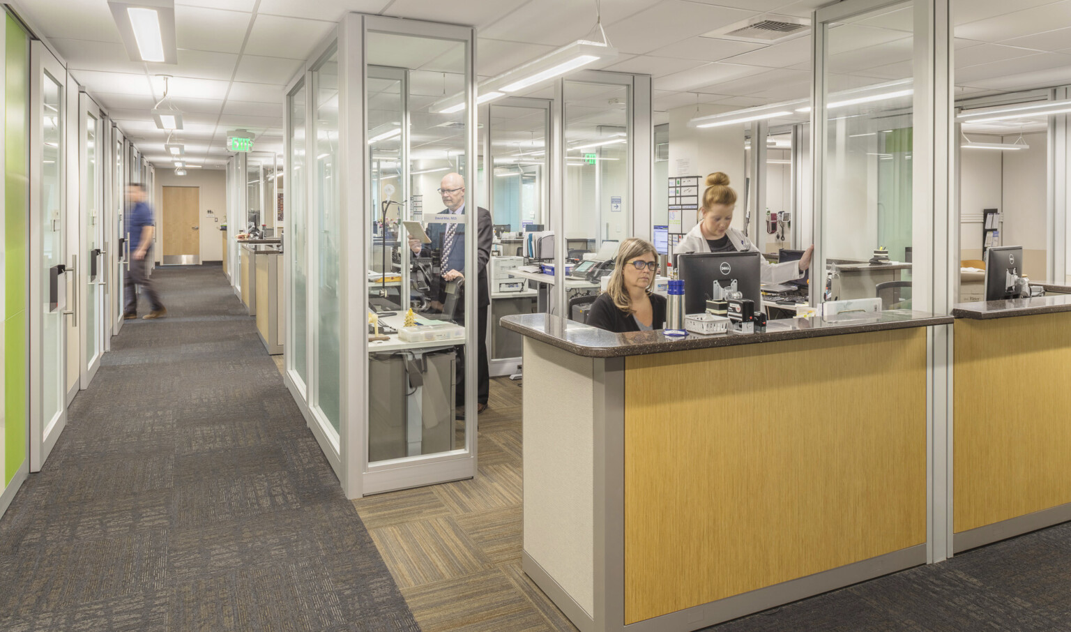 glass and white oak partitions in the reception area creates a sense of transparency between staff and patients