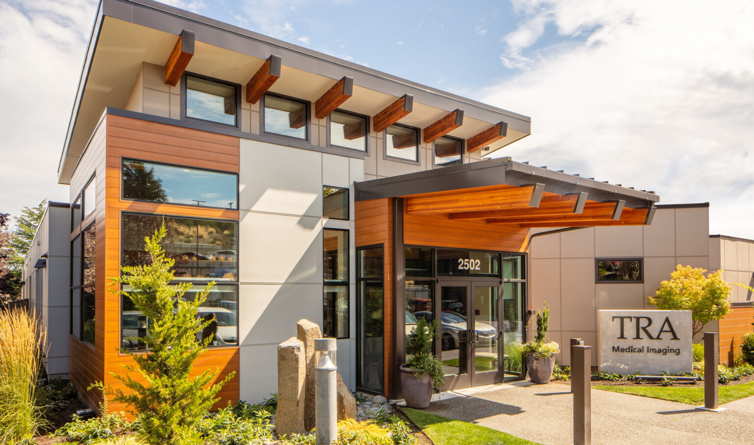 exterior of a Tacoma Radiological Associates; warm wood details against gray stone