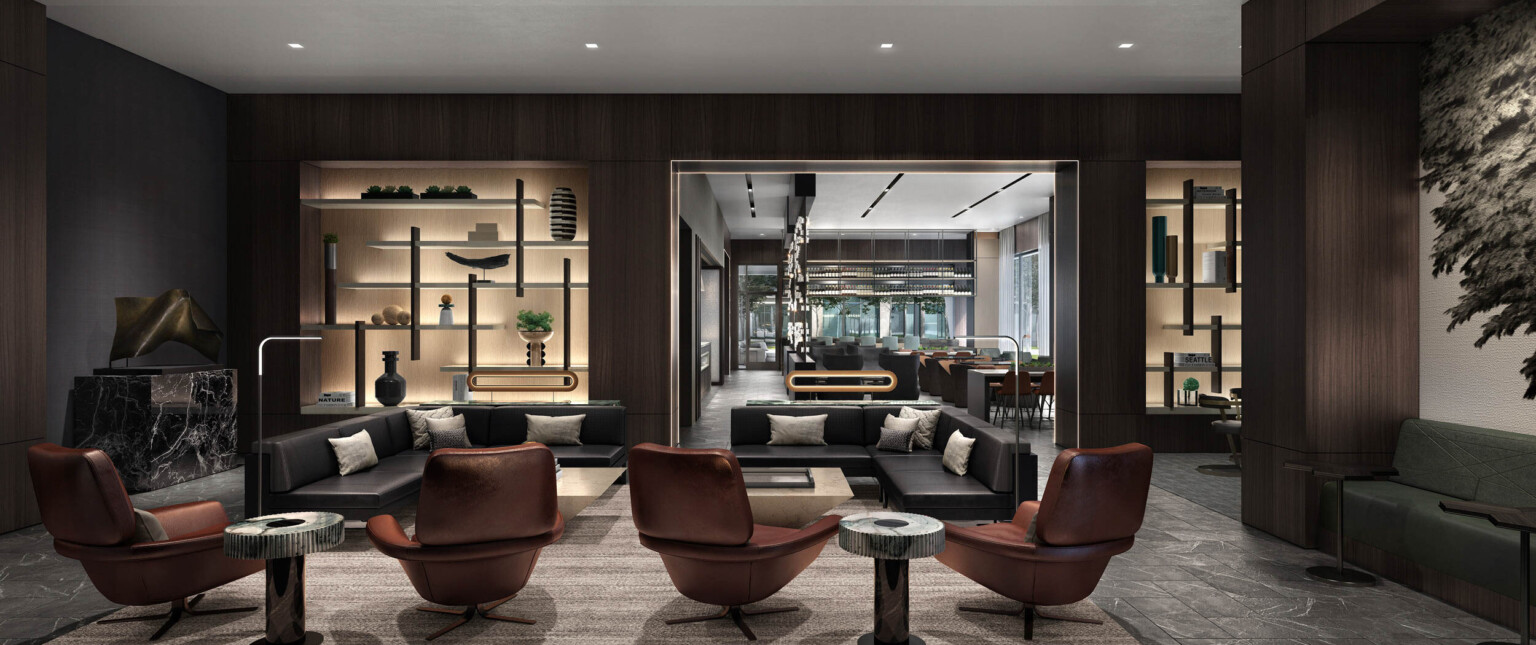 View of seating area looking toward shelf and through doorway to it's right into more seating with floor to ceiling windows following Marriott brand architecture