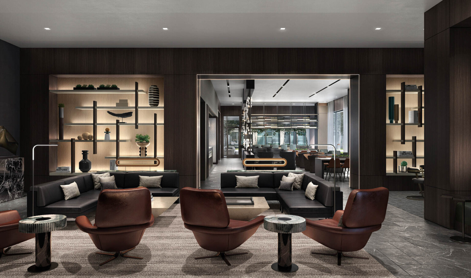 View of seating area looking toward shelf and through doorway to it's right into more seating with floor to ceiling windows