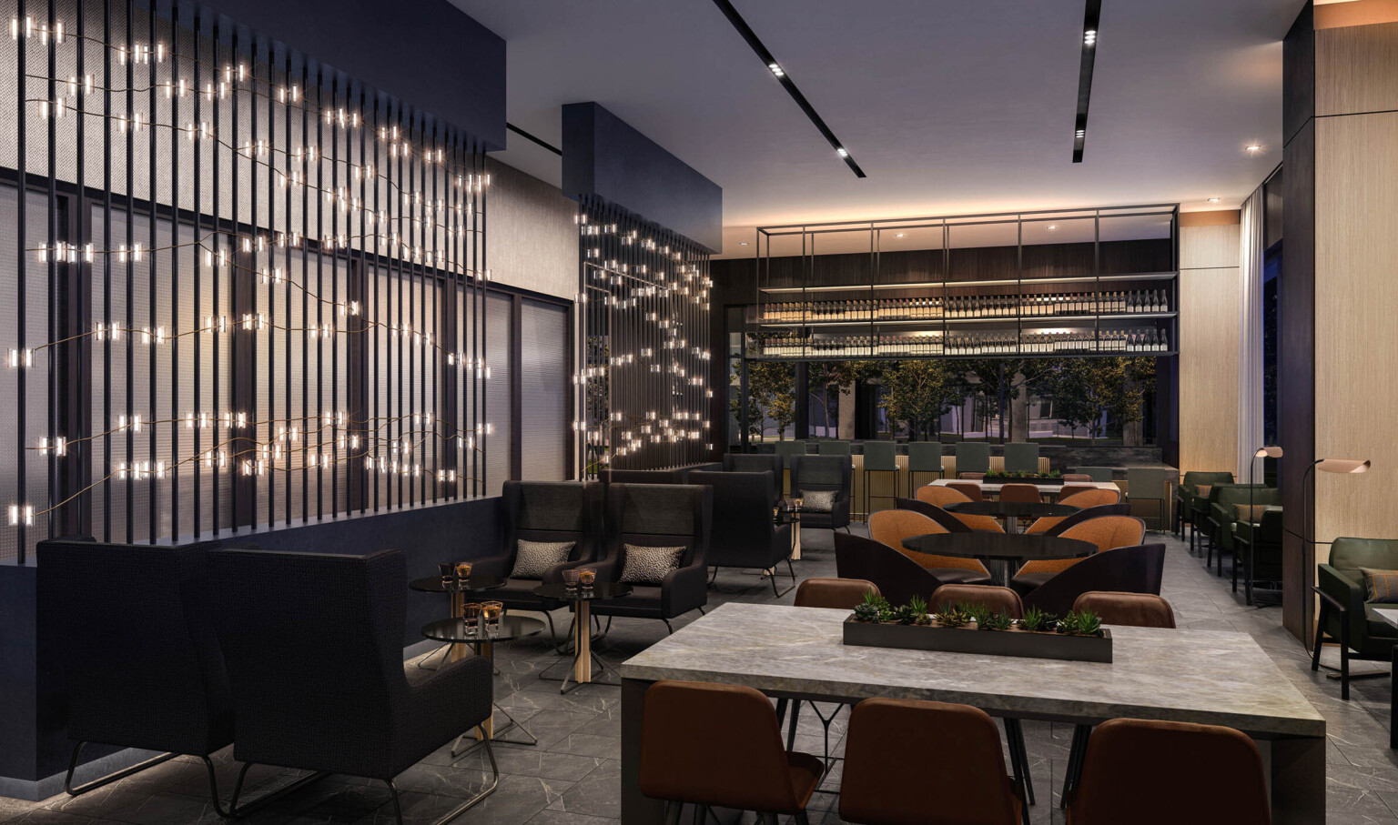 Seating area with floor to ceiling windows and white wall. Railed partition divides area with organically draped lighting