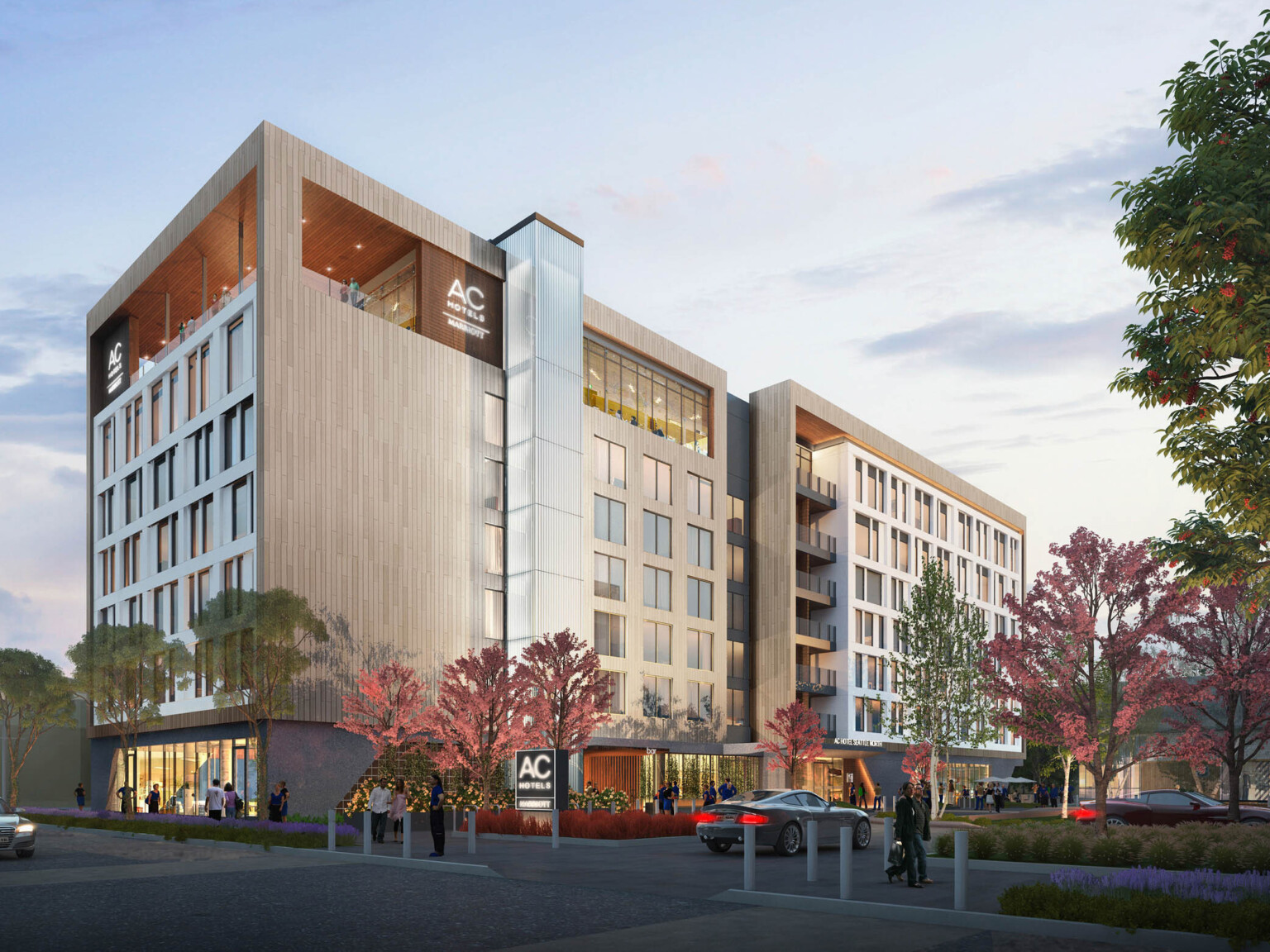 dual winged building with a central entrance following Marriott brand architecture