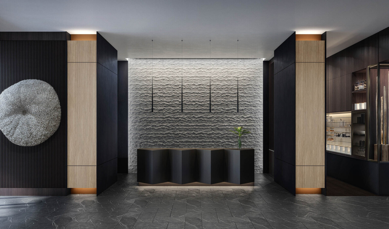 Recessed wood and black desk with black side walls and grey textural back accent wall. Wood accents on front of side walls