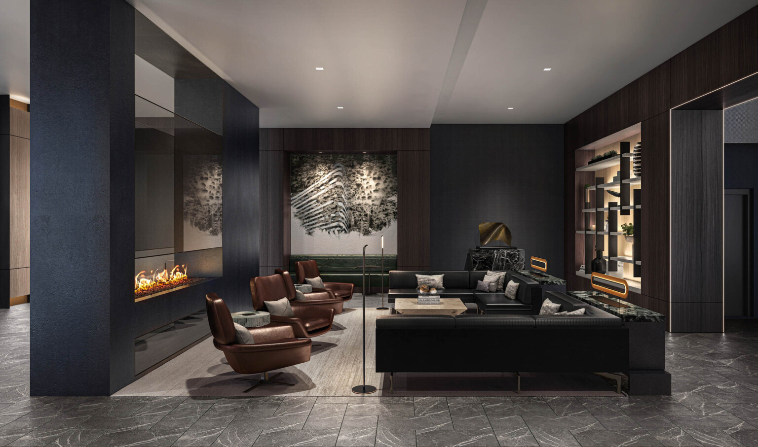 Seating area with leather couches and chairs between fire place (left) and illuminated built in recessed shelving (right)