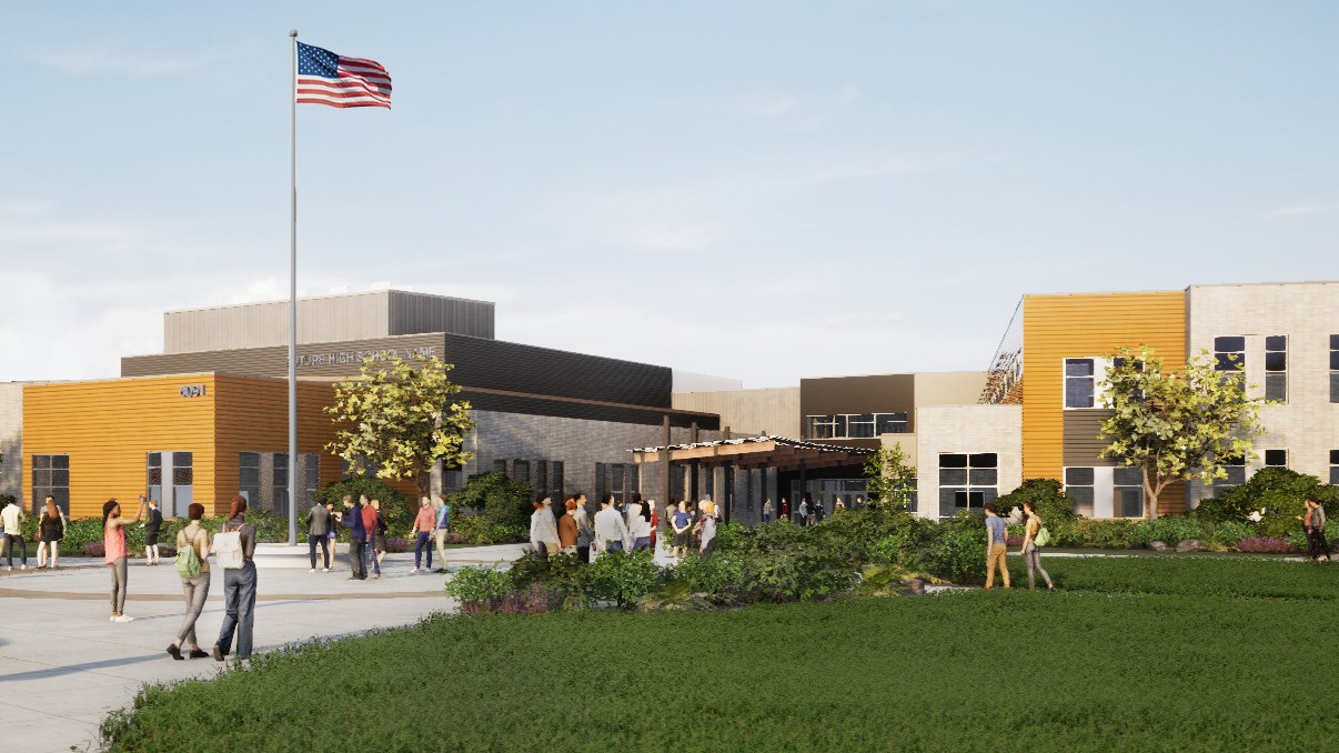 rendering of Sageview High School; modern school building with yellow and tan accents and build outs; students walking toward the entrance