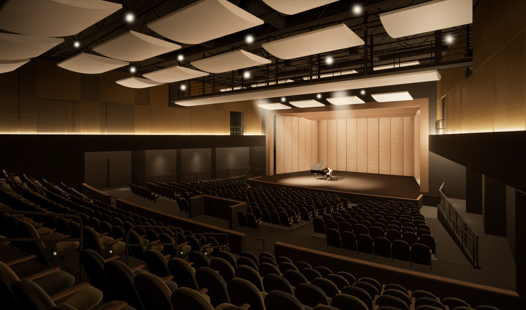 rendering of an interior space in Sageview High School; modern school building; auditorium with stage lighting; view from back of house; single student on the stage