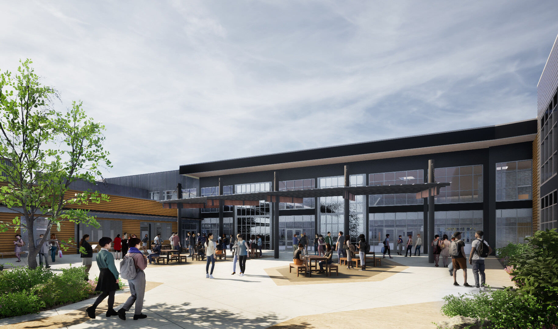 rendering of Sageview High School; modern school building; courtyard area with greenery and benches; yellow and tan accents and build outs; students walking toward the entrance