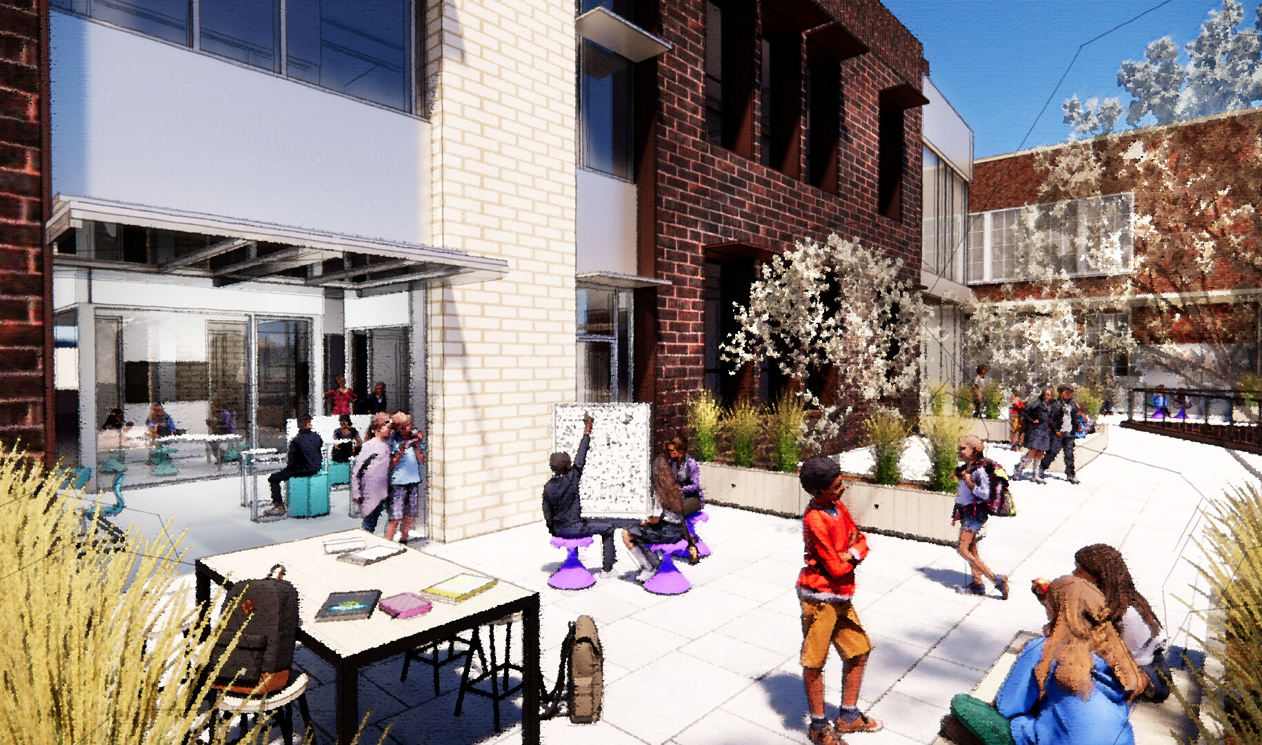 Rendering of Montlake Elementary School; three story brick building overlooking greenspace and paved learning and playing space; students playing in the courtyard