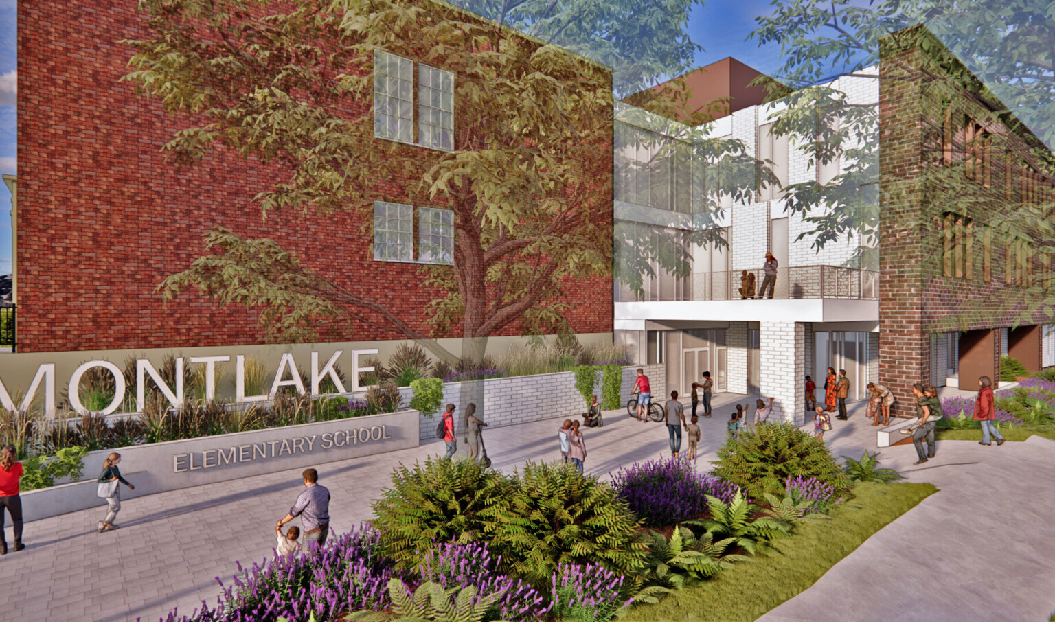 Rendering of Montlake Elementary School; three story brick building overlooking greenspace and walking area; students walking into the school