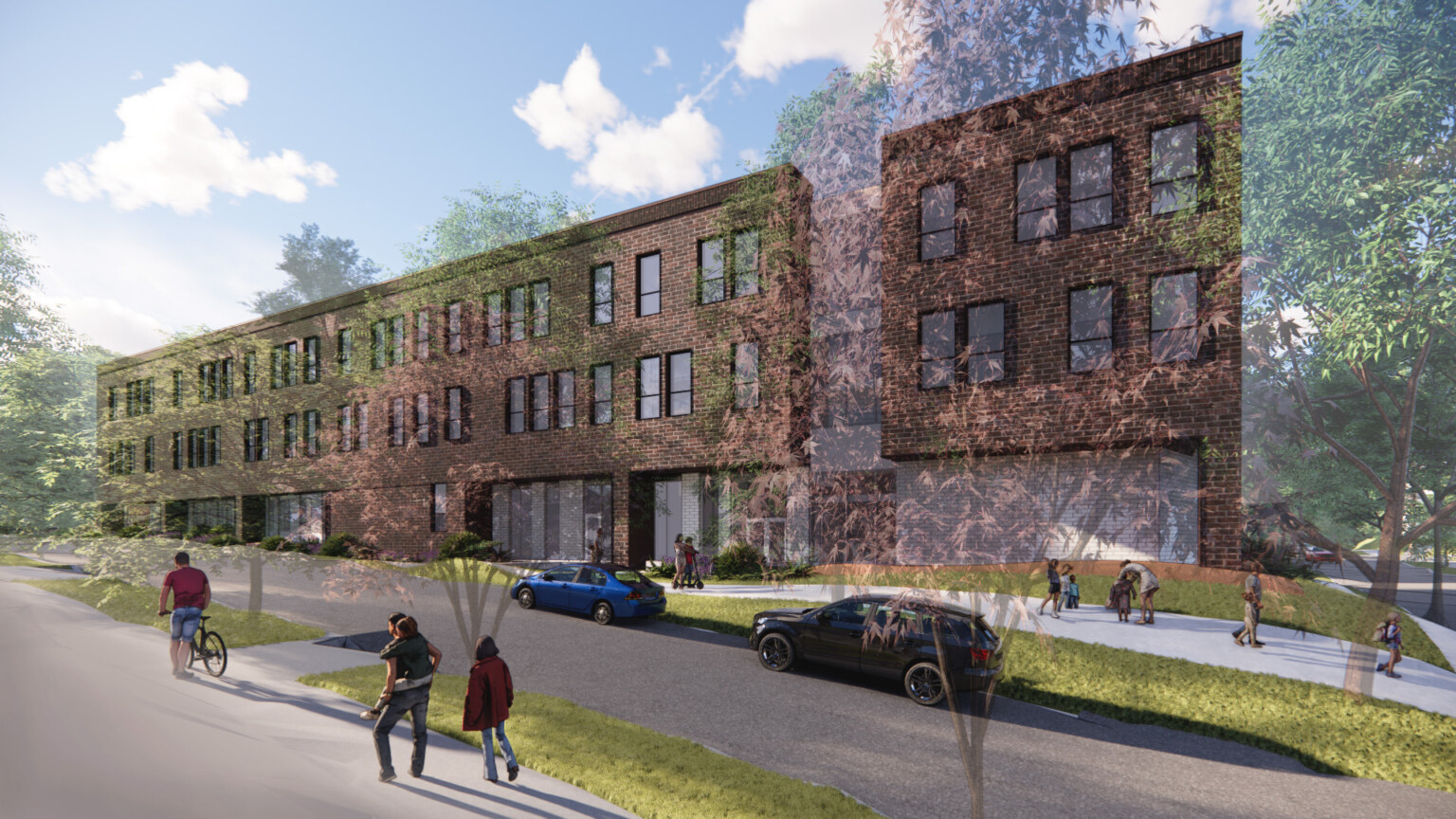 Rendering of Montlake Elementary School; three story brick building overlooking greenspace and the street; students walking into the school