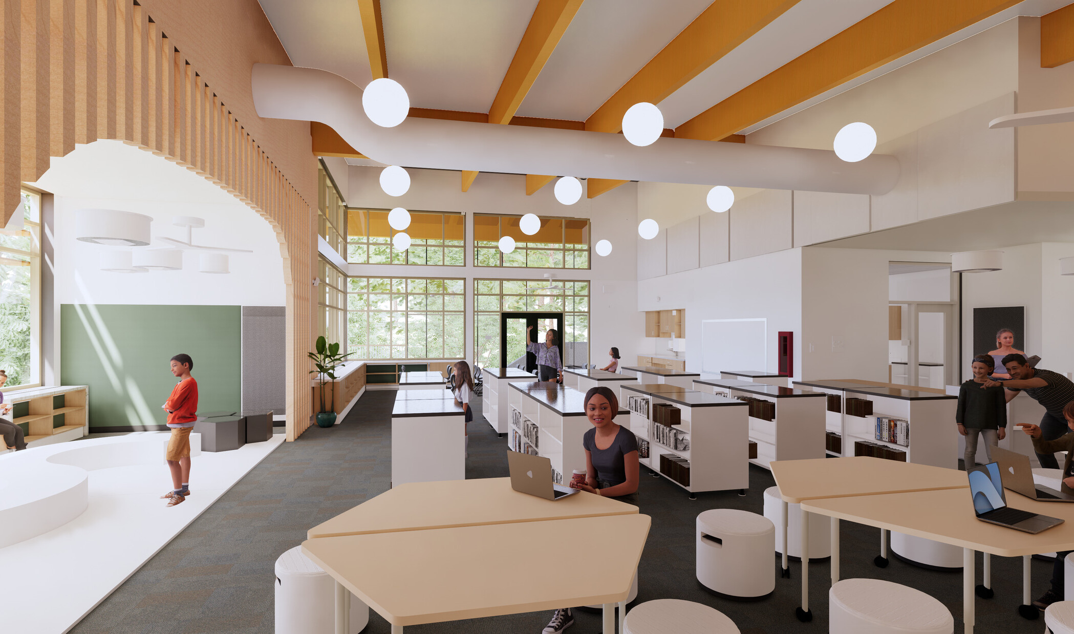 rendering of John Rogers elementary school; large open naturally lit space; light wood tables and accents; library shelves and diverse seating throughout
